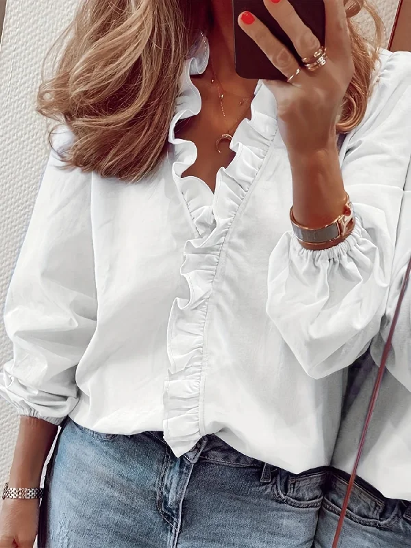 Casual Ruffled Trim V Neck Long Sleeve Loose Blouse Stylish Wrap Blouse