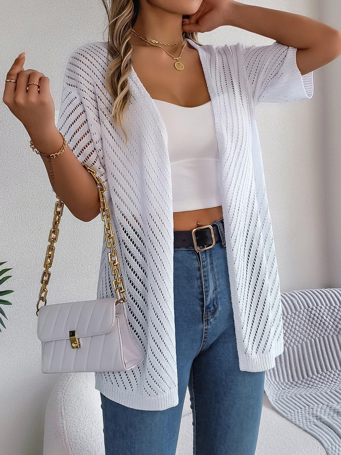 Casual Solid Color Short Sleeve Hollow Out Knitted Blouse Ruffled Neck Blouse