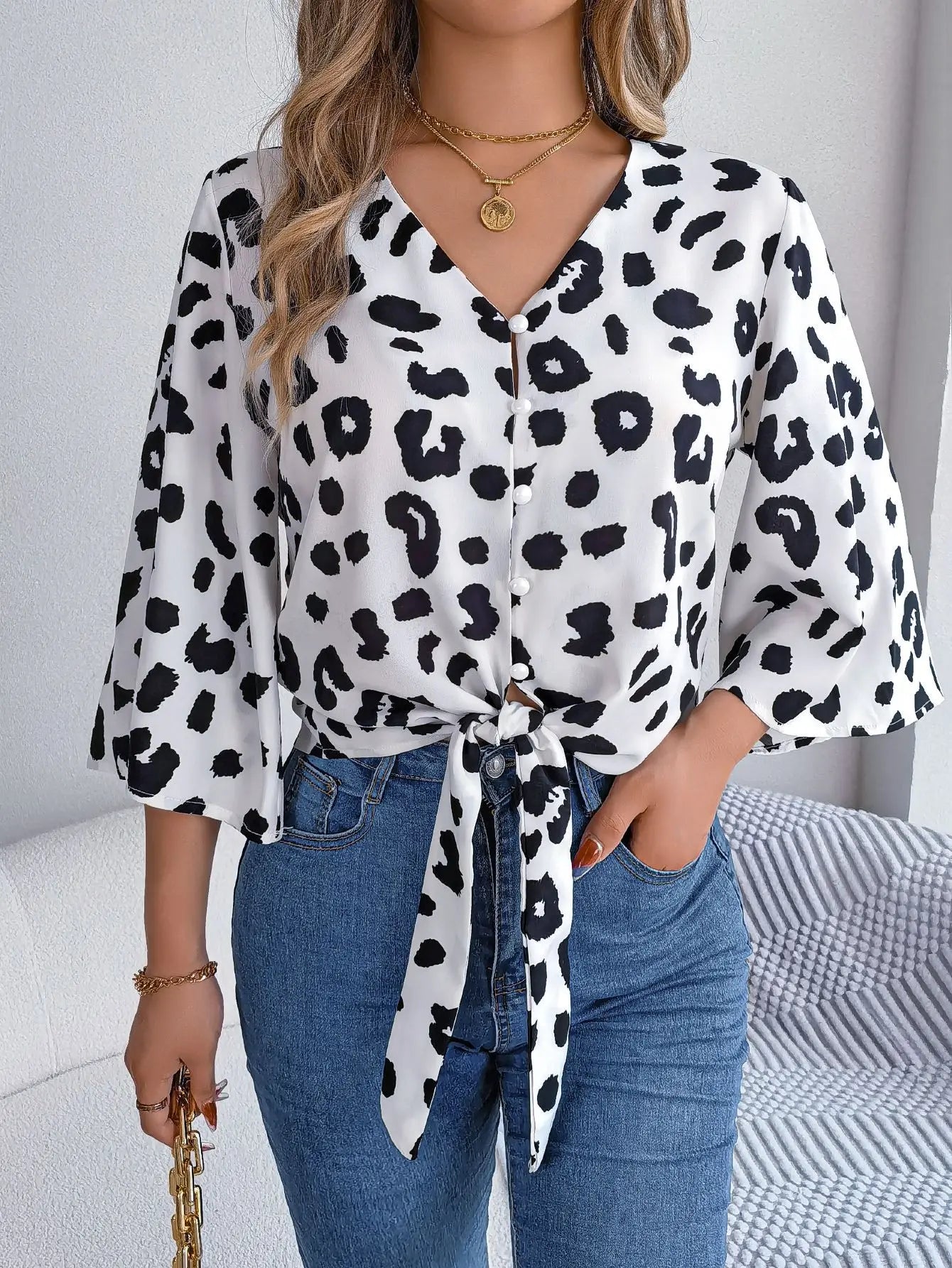 Casual V Neck 3/4 Sleeve Button Front Leopard Print Women's Blouse Loose Oversized Blouse Casual V Neck 3/4 Sleeve Button Front Leopard Print Women's Blouse Loose Oversized Blouse