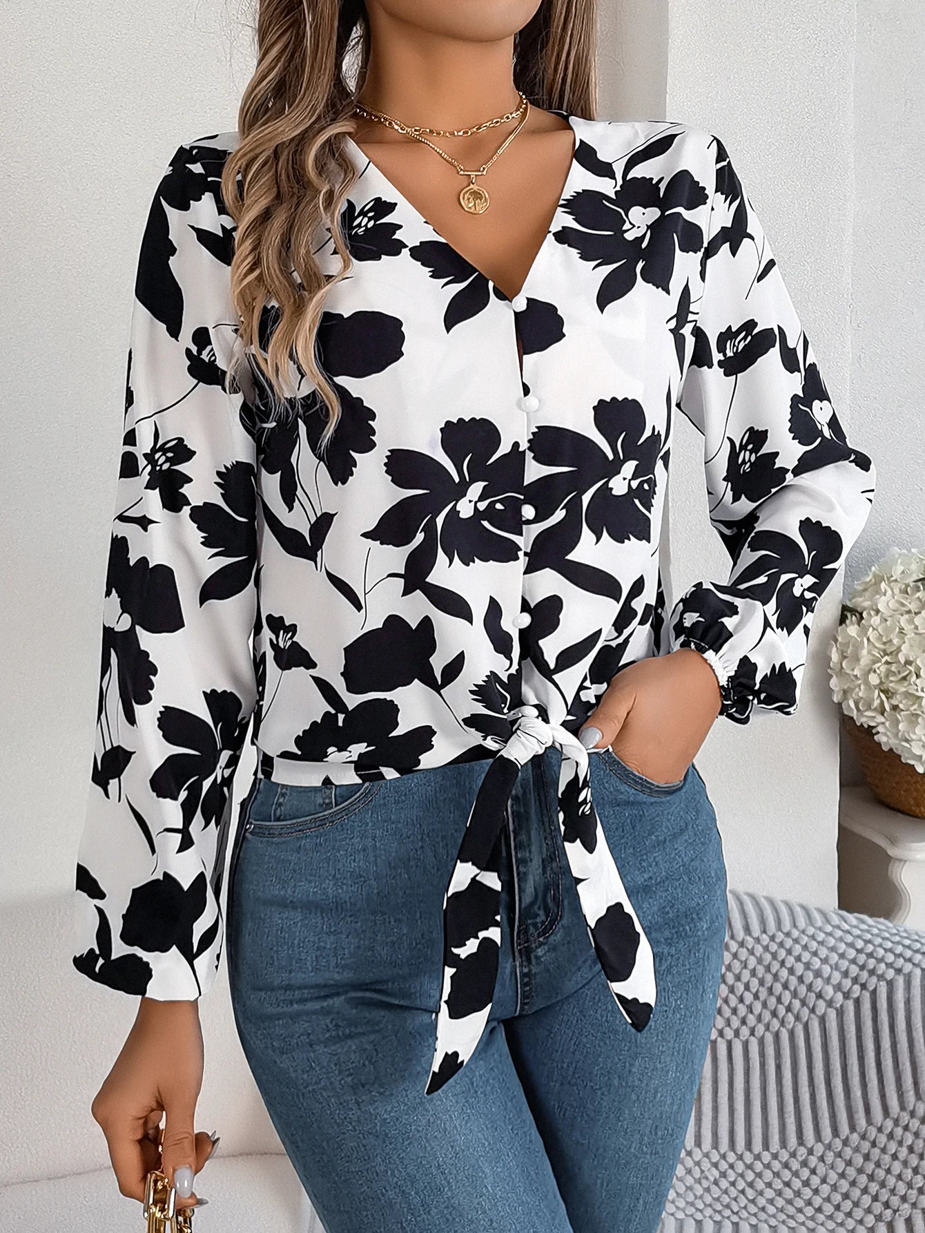 Casual V-neck Button Front Tie Front Floral Print Spring Fall Women's Blouse Delicate Pleat Blouse