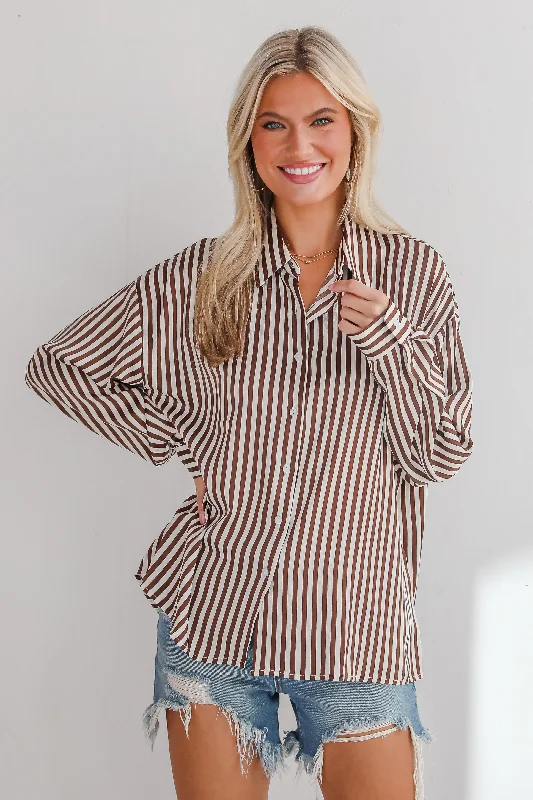 Composed Essence Satin Striped Button-Up Blouse Casual Relaxed Fit Blouse