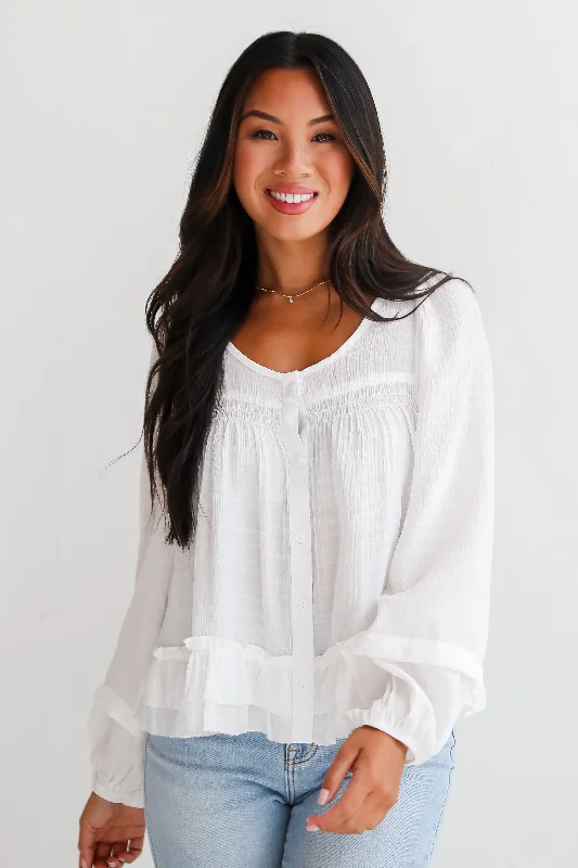 Composed Personality White Ruffle Blouse Collared Satin Blouse
