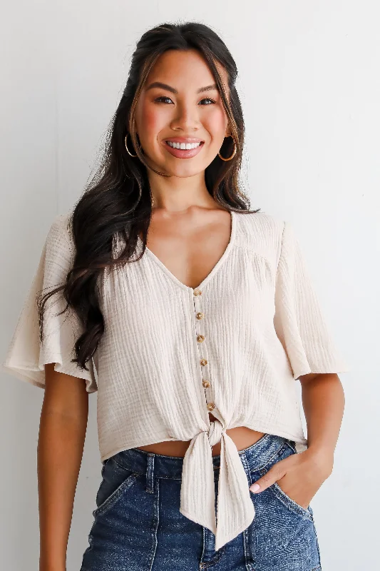 FINAL SALE - Considerably Cute Natural Linen Tie-Front Blouse Frilled Cuff Blouse