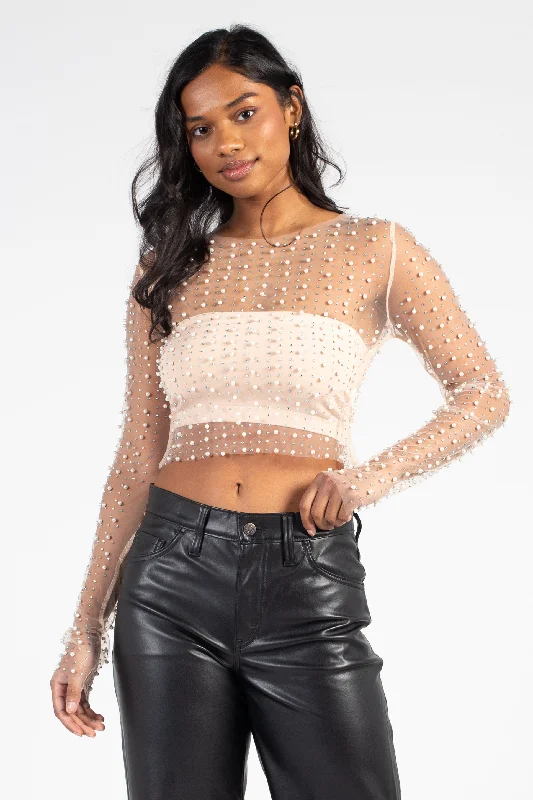 Rylee Pearl Embellished Crop Blouse Playful Puff Blouse