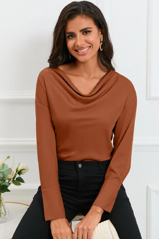 Cowl Neck Dropped Shoulder Long Sleeve Back Tie Blouse Balloon Sleeve Blouse
