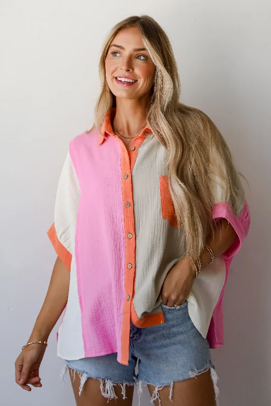 FINAL SALE - Daily Cuteness Color Block Linen Blouse Ruffled Neck Blouse