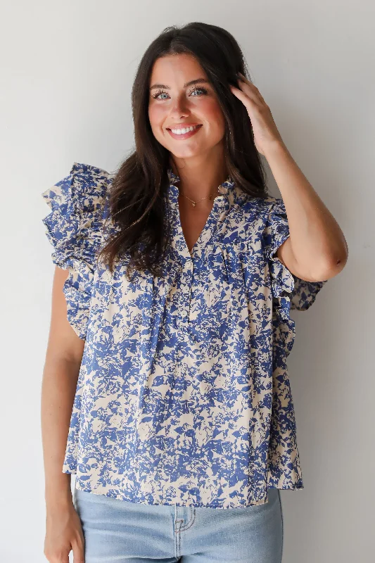 Dainty Ideal Blue Floral Blouse Oversized Silk Blouse