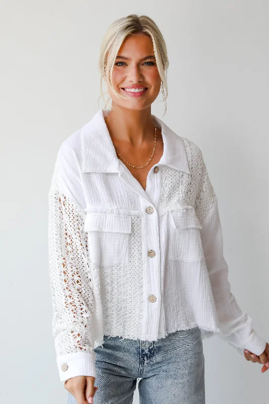 FINAL SALE - Dearly Adored White Linen Crochet Blouse Lightweight Chiffon Blouse