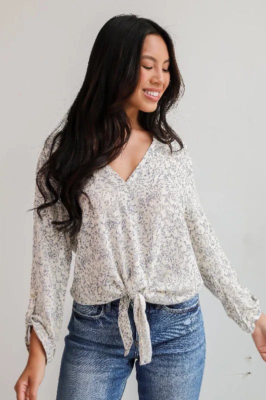 Decadently Sweet Cream Floral Tie-Front Blouse Elegant Silk Blouse