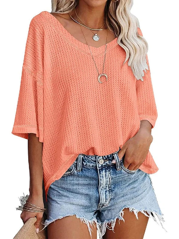 Causual Waffle Knit Loose Tunic V Neck Short Sleeve Blouse Puff Sleeve Blouse