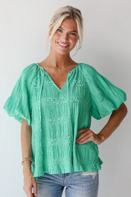 FINAL SALE - Elegant Confidence Green Textured Blouse Vintage Polka Blouse