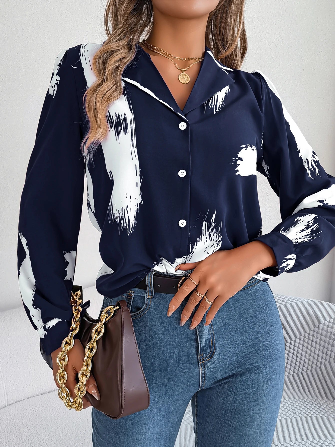 Elegant Long Sleeve Brush Print Button Front Work Office Women's Blouse Feminine Pastel Blouse Elegant Long Sleeve Brush Print Button Front Work Office Women's Blouse Feminine Pastel Blouse