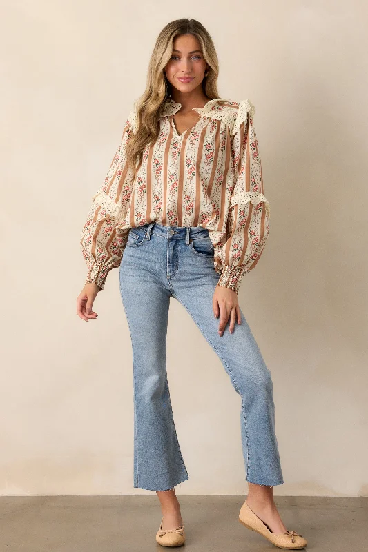 Embers of Hope 100% Cotton Camel Floral Blouse Business Casual Blouse