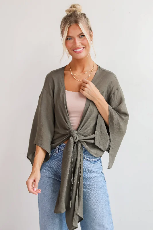 Enchanting Presence Olive Tie-Front Blouse Sleeveless Summer Blouse