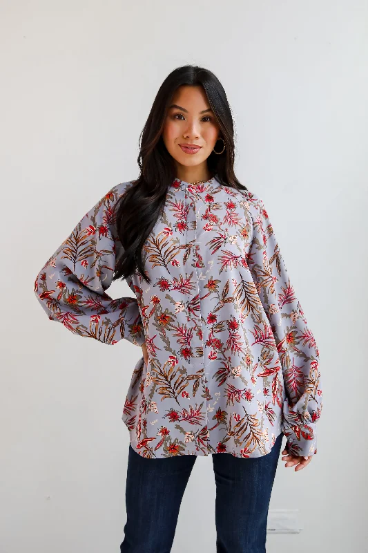 Endless Aura Grey Floral Blouse Loose Oversized Blouse