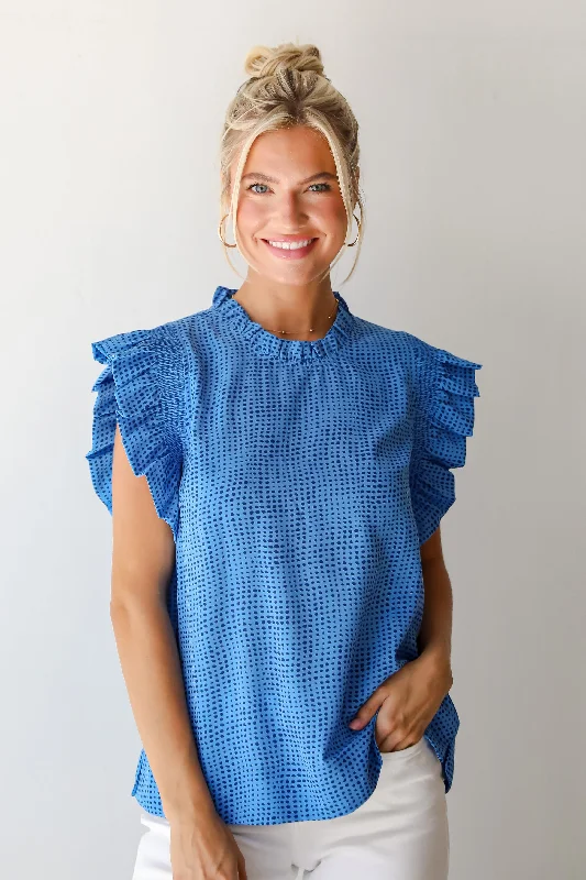 Ever Trendy Blue Dotted Ruffle Sleeve Blouse Airy Cotton Blouse