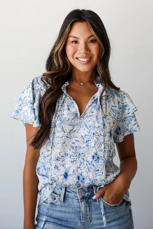 Exceedingly Elegant Blue Floral Blouse Bell Sleeve Blouse