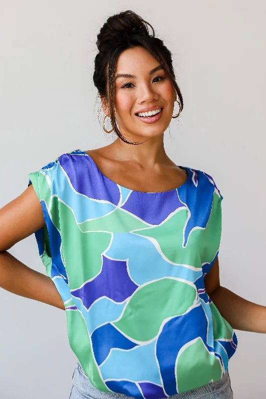 FINAL SALE - Exceptionally Elegant Blue Satin Blouse Sleeveless Chiffon Blouse