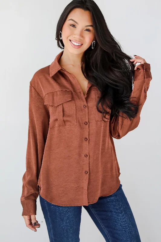 Extravagantly Sleek Brown Button-Up Blouse Double-Layered Blouse