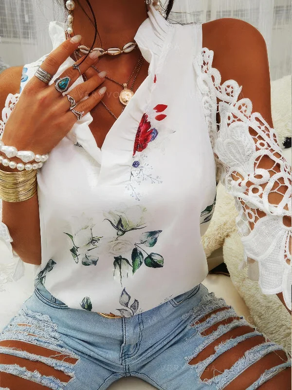 Floral Print Off-Shoulder Lace Stitching Long Sleeves Blouses Playful Puff Blouse