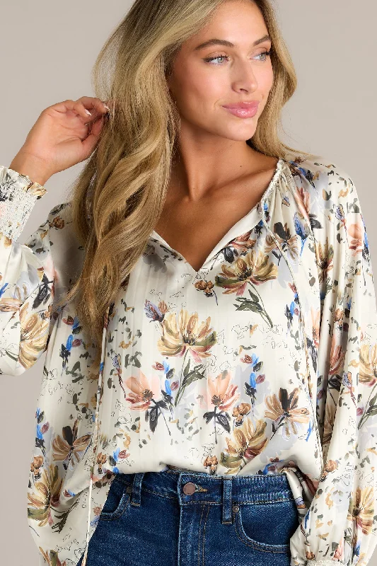 Golden Orchid Ivory Floral Balloon Sleeve Blouse Chic Square Blouse
