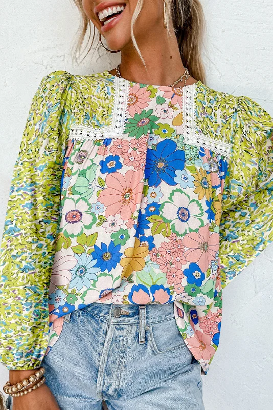 Green Mixed Floral Print Long Sleeve Blouse Feminine Pastel Blouse