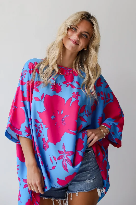 FINAL SALE - Happily Sweet Blue Floral Oversized Blouse Short Sleeve Blouse