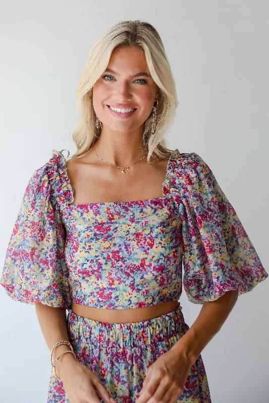 FINAL SALE - Instantly Perfect Multicolored Floral Cropped Blouse Textured Cotton Blouse