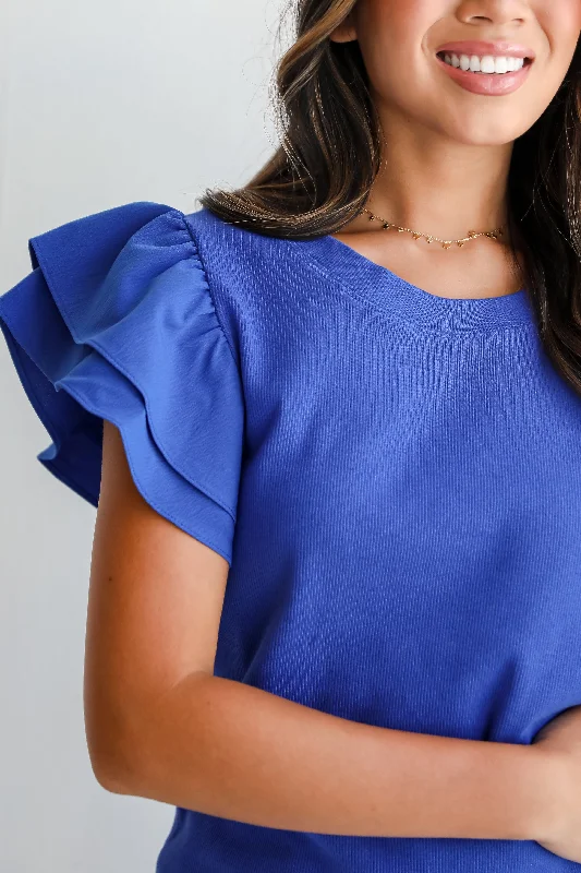 FINAL SALE - Intentionally Breezy Royal Blue Ruffle Sleeve Blouse Everyday Stylish Blouse