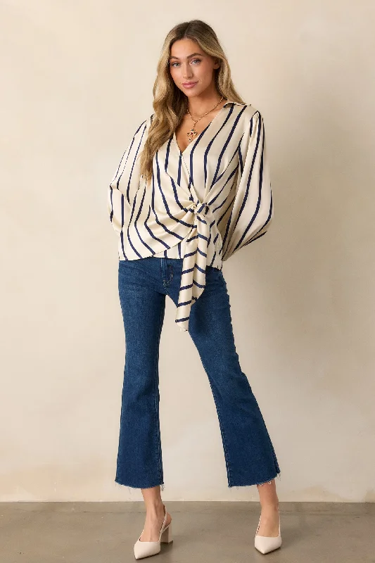 Keep It Going Ivory Stripe Wrap Blouse Pleated Collar Blouse