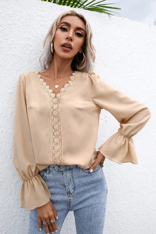Lace Trim Flounce Sleeve Blouse Chic Off-Shoulder Blouse