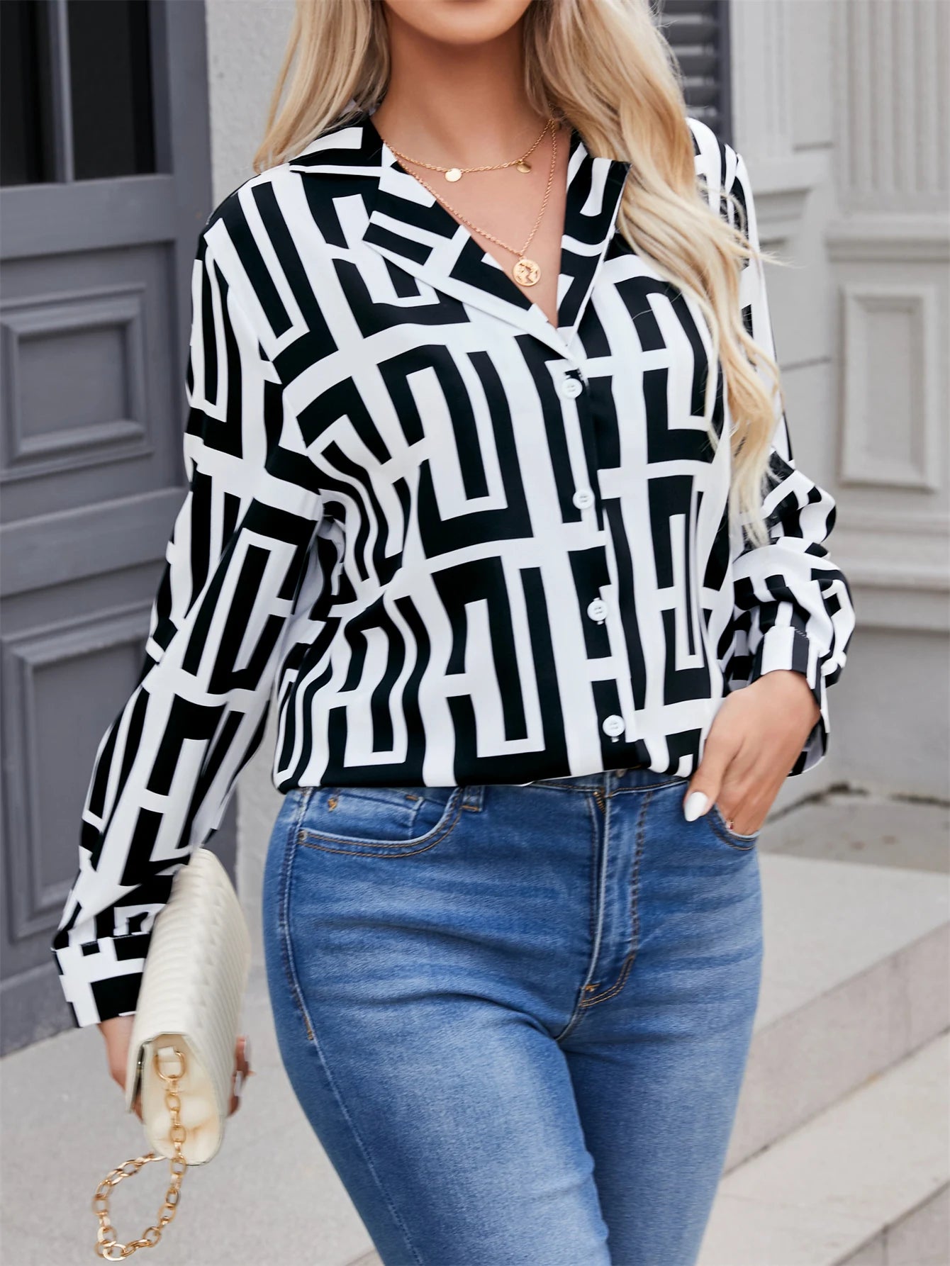 legant Geometric Printed Long Sleeved Suit Collar Button Front Blouse Embroidered Floral Blouse legant Geometric Printed Long Sleeved Suit Collar Button Front Blouse Embroidered Floral Blouse