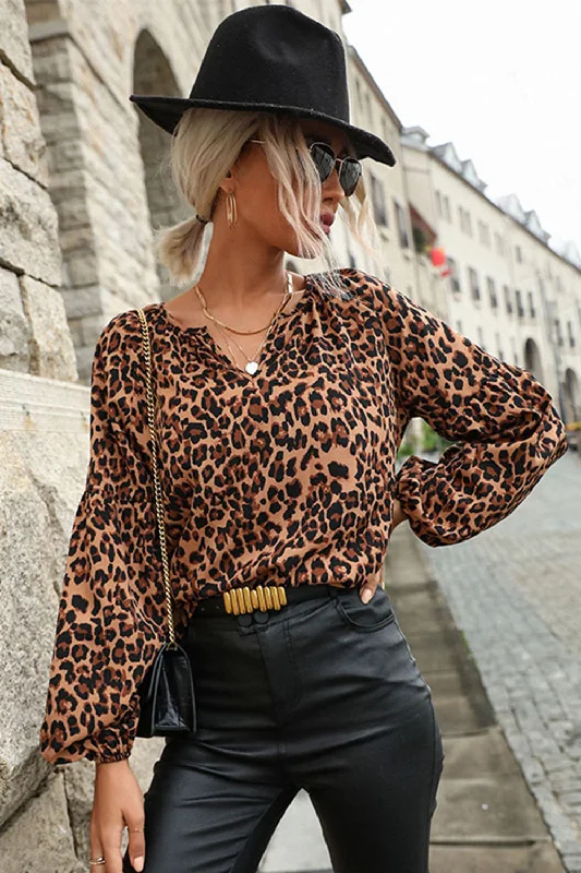 Leopard Lantern Sleeve Blouse Airy Cotton Blouse