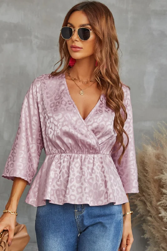 Leopard Three-Quarter Sleeve Peplum Blouse Stylish Wrap Blouse