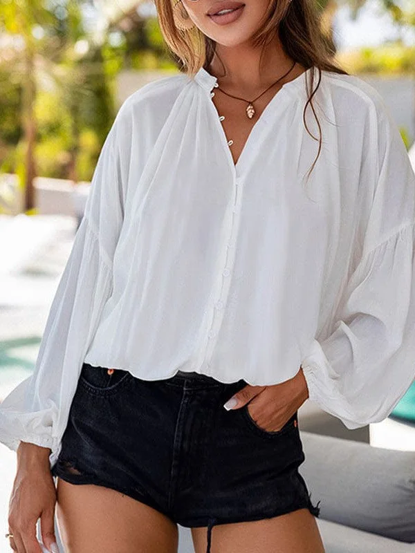 Women'S Loose Balloon Sleeve V-Neck Blouse In Solid Color Office-Ready Blouse