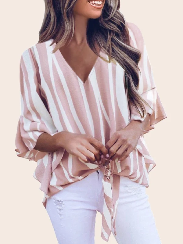 Loose Chiffon Off Shoulder Striped Front Tie 3/4 Sleeve Blouses Classic White Blouse Loose Chiffon Off Shoulder Striped Front Tie 3/4 Sleeve Blouses Classic White Blouse