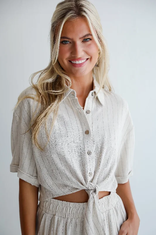 FINAL SALE - Moment Maker Striped Linen Tie-Front Blouse Balloon Sleeve Blouse
