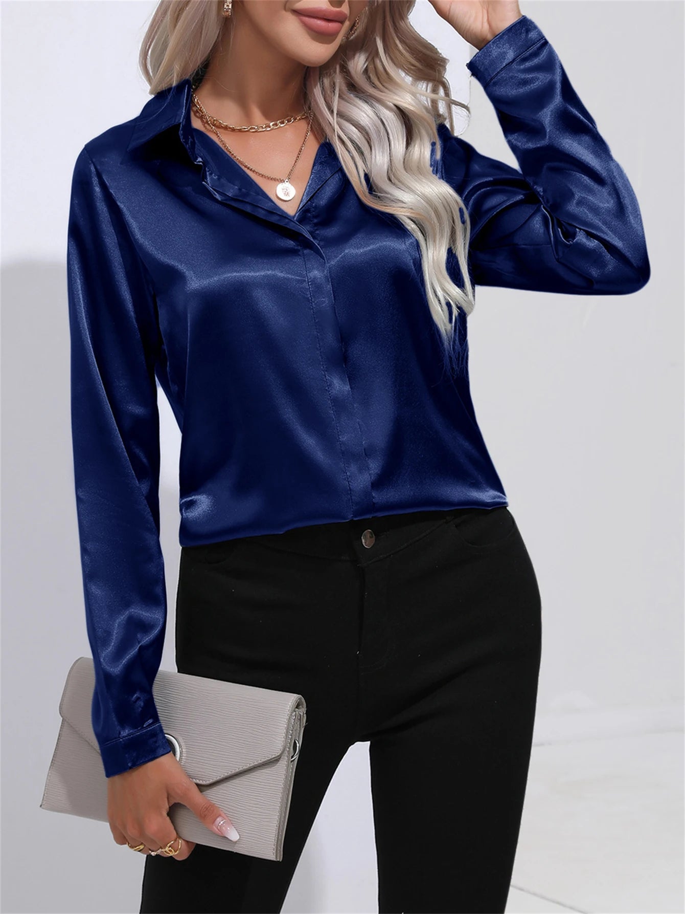 New Fashion Solid Lapel One Button Simulation Satin Long Sleeved Office Blouse Loose Fit Blouse New Fashion Solid Lapel One Button Simulation Satin Long Sleeved Office Blouse Loose Fit Blouse