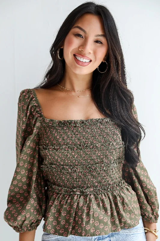 No One Cuter Olive Floral Smocked Blouse Casual Relaxed Fit Blouse