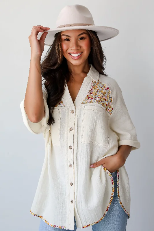 FINAL SALE - Number One Choice Ivory Floral Linen Blouse Subtle Shimmer Blouse