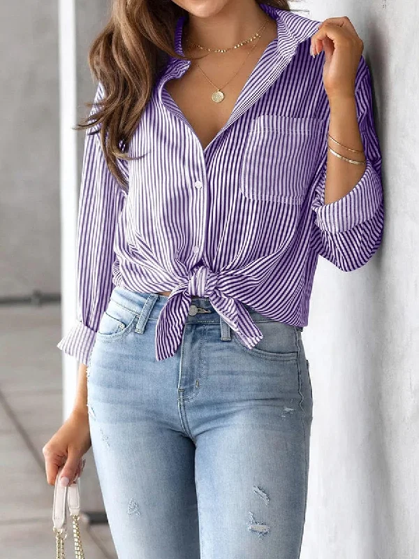 Striped Button Down Roll-up Long Sleeves Point Collar Blouse Elegant Lace Blouse