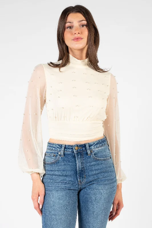 Wilhelmina Pearl Embellished Mesh Blouse Business Casual Blouse