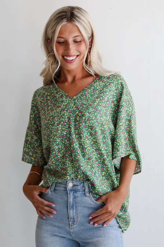 FINAL SALE - Perfect Whimsy Green Floral Oversized Blouse Chic Sleeveless Blouse