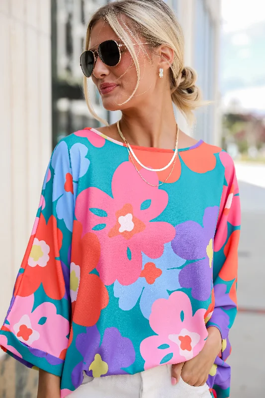 FINAL SALE - Perfectly Lovable Teal Floral Blouse Business Casual Blouse