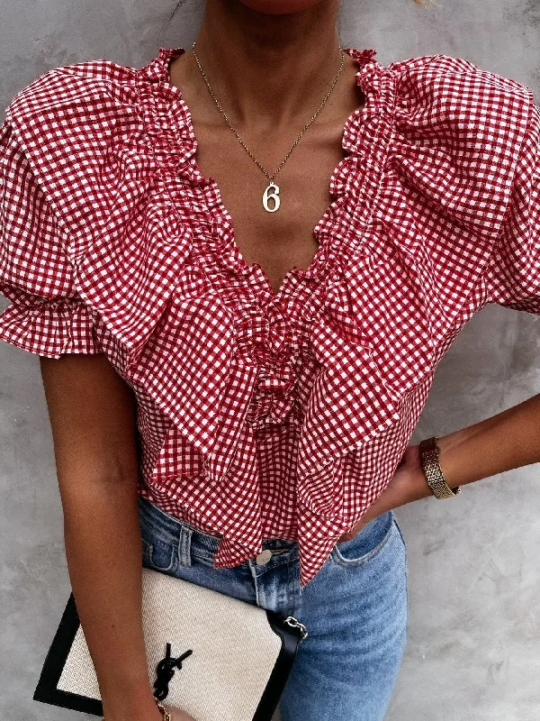 Layered Plaid Short Sleeve V-Neck Lotus Leaf Blouses Versatile Layering Blouse