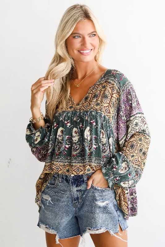 Playful Charisma Teal Blouse Mandarin Collar Blouse