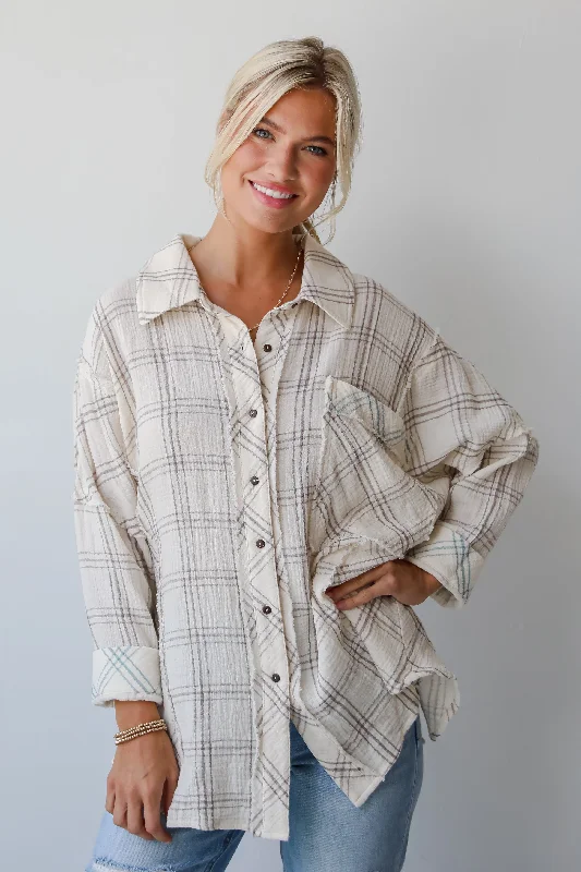 FINAL SALE - Playful Vibes Plaid Linen Button-Up Blouse Drape Neck Blouse