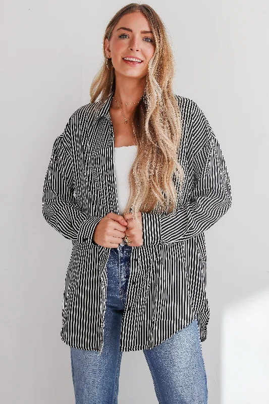 Playfully Composed Black Satin Striped Button-Up Blouse Lightweight Floral Blouse