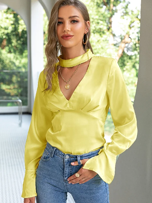 Pleated Detail Cutout Flare Cuff Blouse Boho Printed Blouse