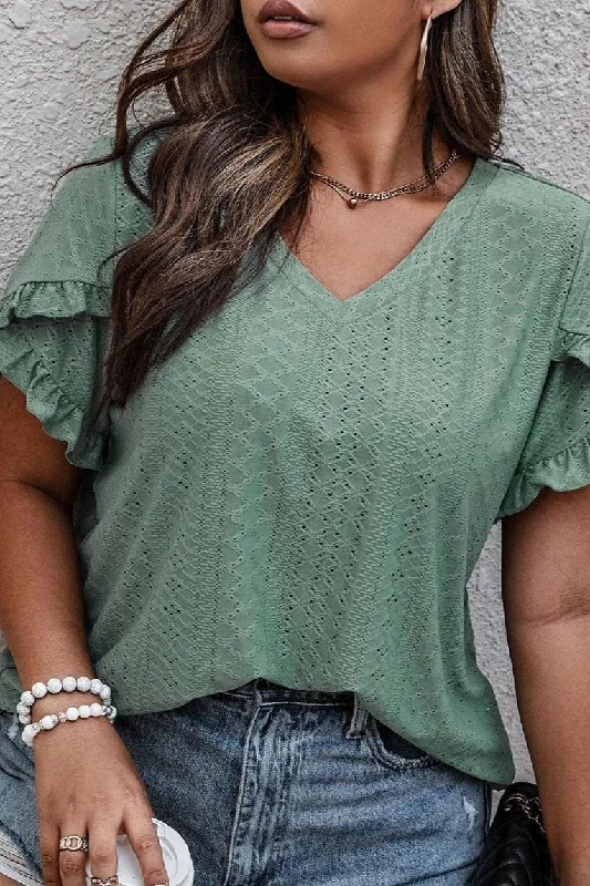 Plus Size Eyelet V-Neck Petal Sleeve Blouse PLUS Double-Layered Blouse
